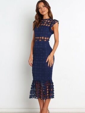 Petal & Pup Lauren Dress (Navy) - Lace Midi Dress with Cutout Waist